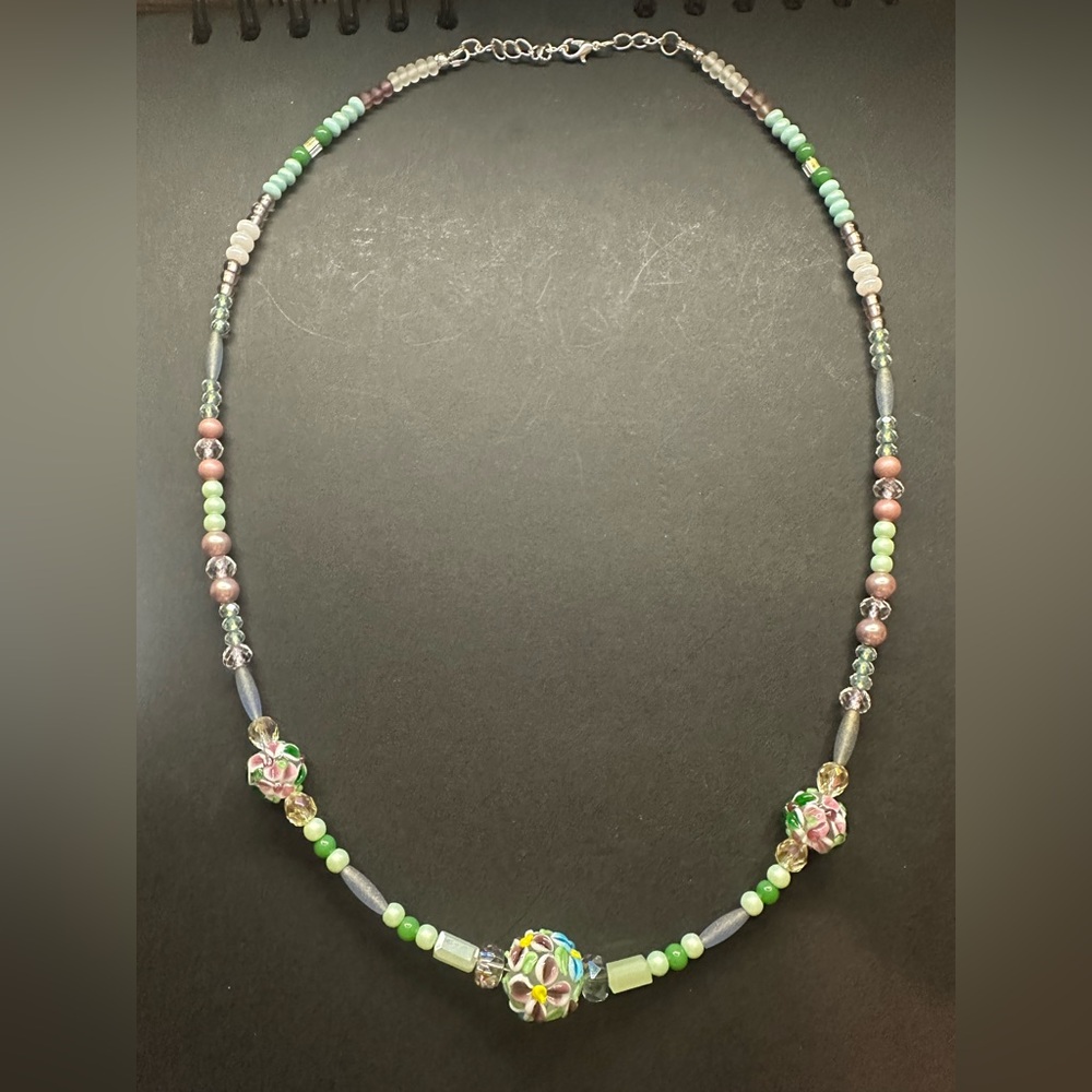 Hand Crafted Green and Pink Beaded Necklace